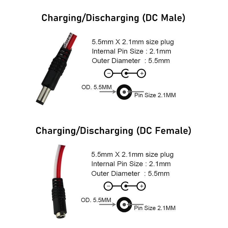 DC Male Female Connectors Dimension of 12v  7200mAh Battery
